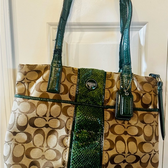 Coach Signature Tote with Green Accents - Picture 1 of 9